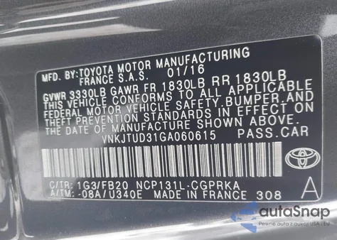 2016 Toyota Yaris Le z USA, uszkodzony, nr VIN VNKJTUD31GA060615